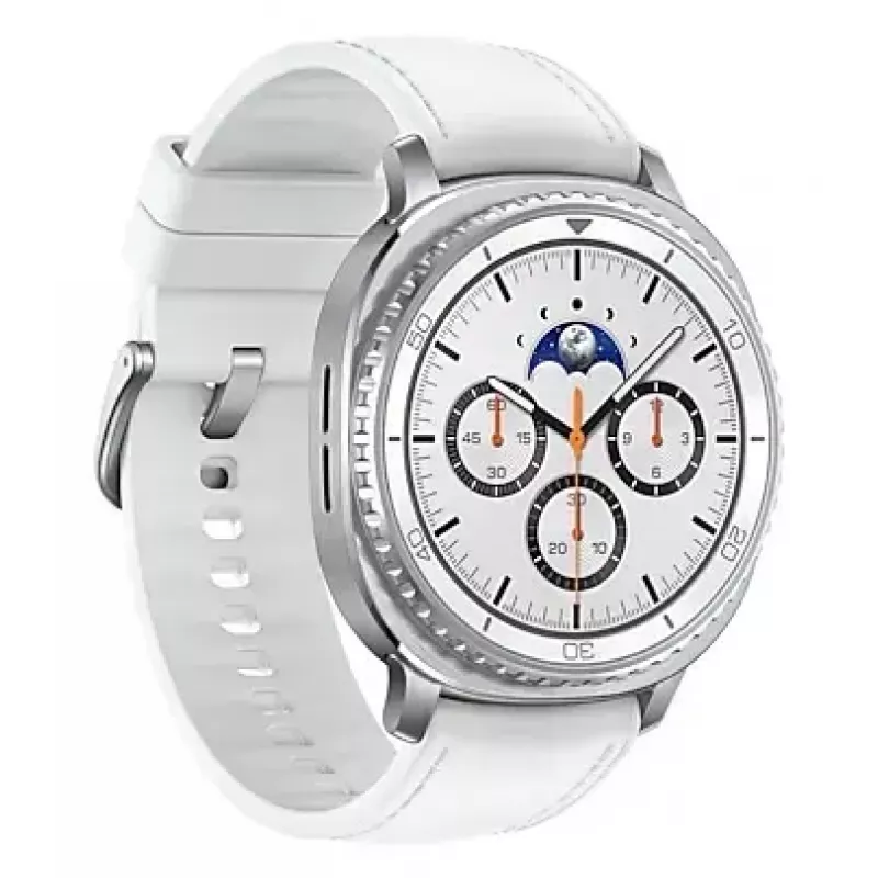 Viedpulkstenis Samsung Galaxy Watch 8 Classic 46 mm — 1,3 collu AMOLED, 438×438, 64 GB, Wi‑Fi, GPS, Sudraba korpuss, Balta siksniņa