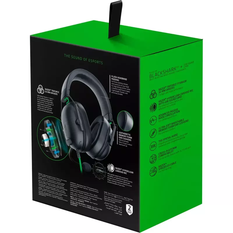 Vadu spēļu austiņas Razer MelnsShark V2 X — binaurālas, 3,5 mm, 32 Ω, 100 dB, troksni slāpējošs lokāms mikrofons, 1,3 m kabelis, zaļa/melna