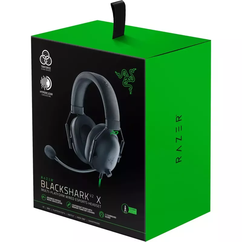 Vadu spēļu austiņas Razer MelnsShark V2 X — binaurālas, 3,5 mm, 32 Ω, 100 dB, troksni slāpējošs lokāms mikrofons, 1,3 m kabelis, zaļa/melna