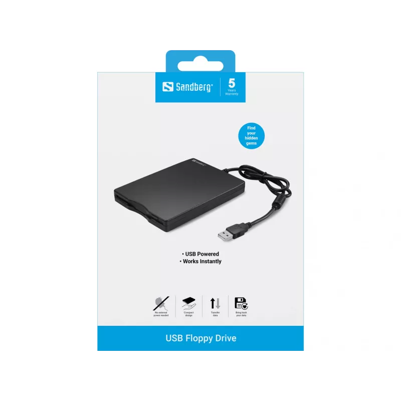 Sandberg USB Floppy Drive, ārējais diskešu lasītājs, USB 2.0, 360 RPM, 102 mm, 140 mm, 17 mm