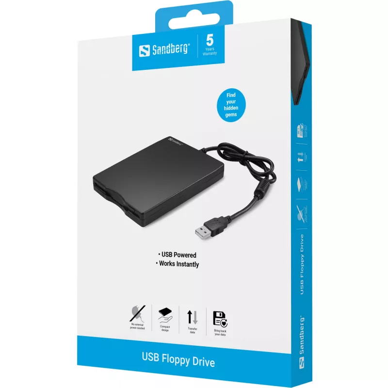 Sandberg USB Floppy Drive, ārējais diskešu lasītājs, USB 2.0, 360 RPM, 102 mm, 140 mm, 17 mm