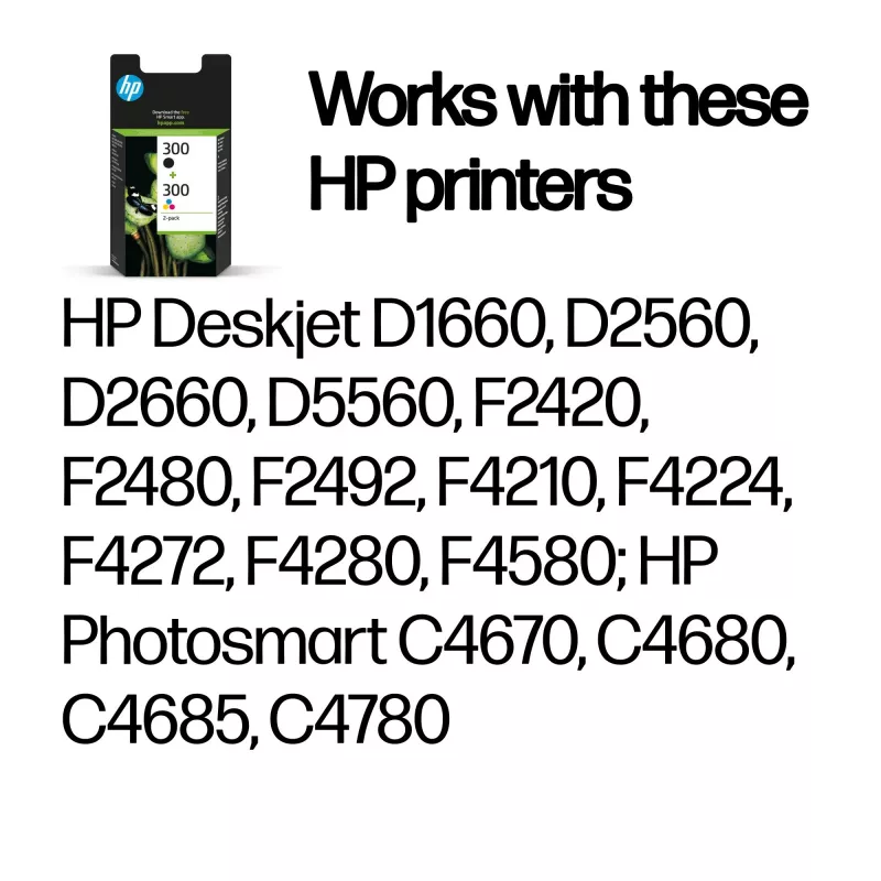 HP 300 2 iepakojumā Melna/Trīskrāsu oriģinālās tintes kasetnes, Melna, Ciāna, Fuksīna, Dzeltena, Pigmenta tinte, Krāsvielu tinte, 2 gab., 200 lapas, 165 lapas