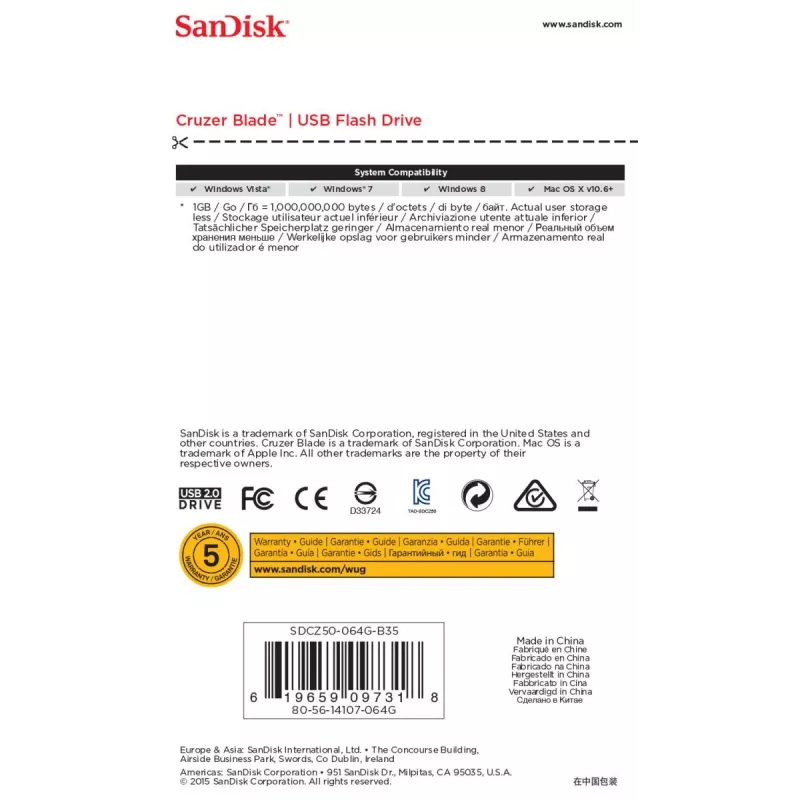 USB zibatmiņa SanDisk 64 GB USB Typee-A 2.0 Cruzer Blade