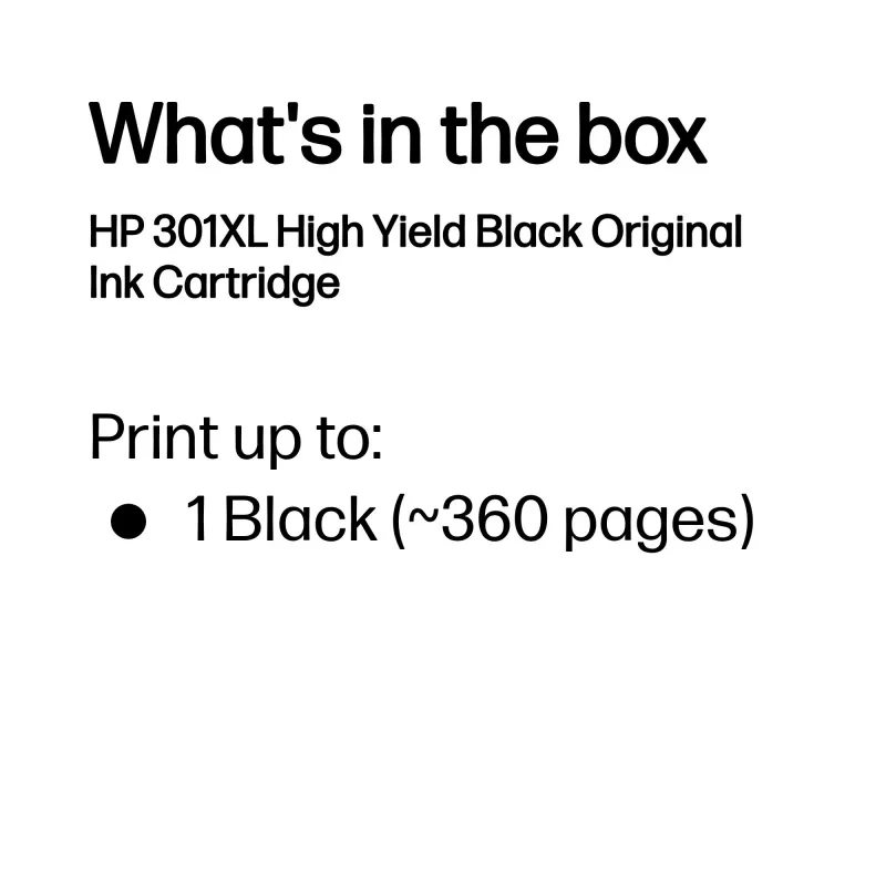 HP 301XL augstas ražības melna oriģinālā tintes kasetne, melna, 1 gab., 360 lapas