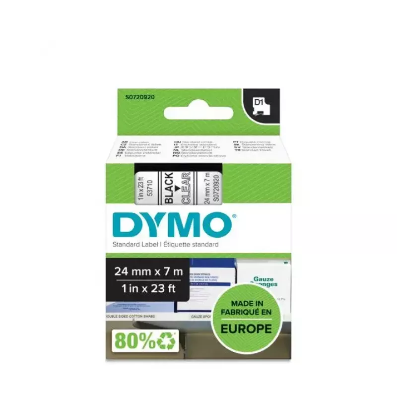 DYMO Autentiskās D1 etiķetes | 24 mm x 7 m rullis | Melns druka uz caurspīdīga | Pašlīmējošas etiķetes LabelManager etiķešu printeriem