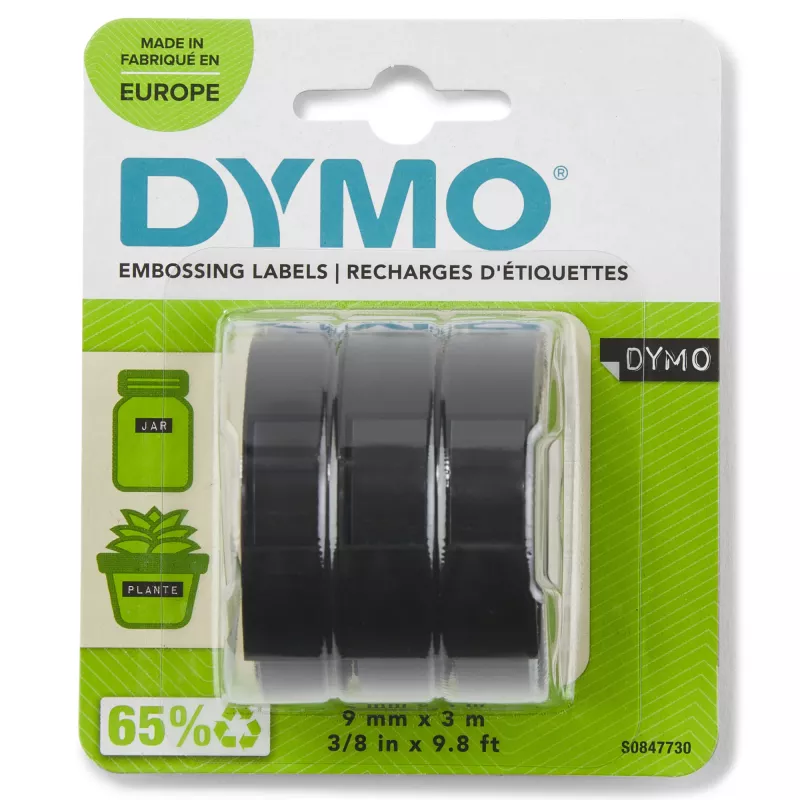 DYMO autentiskā reljefo marķēšanas lente | 9 mm x 3 m ruļļi | Balta druka uz melna | Pašlīmējoša | Reljefo marķētāju ierīcēm | 3 gab.