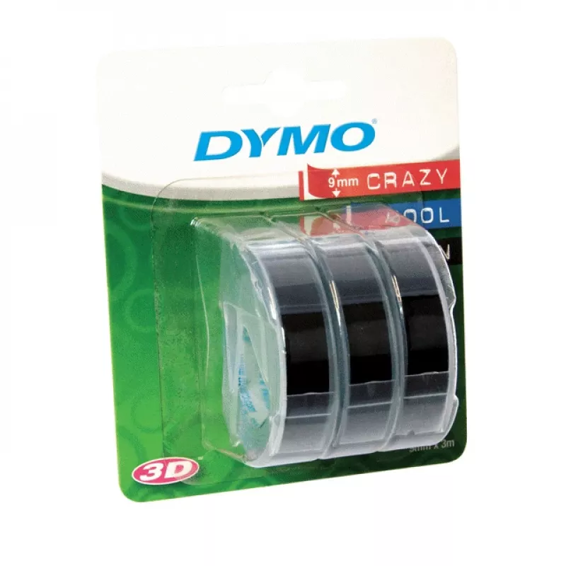 DYMO autentiskā reljefo marķēšanas lente | 9 mm x 3 m ruļļi | Balta druka uz melna | Pašlīmējoša | Reljefo marķētāju ierīcēm | 3 gab.