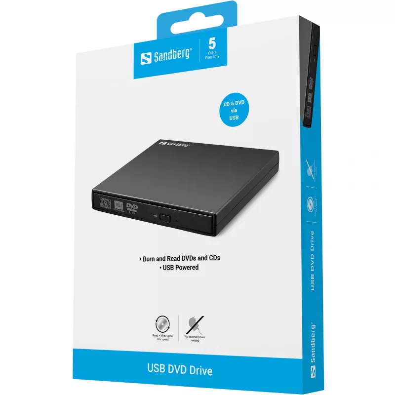 Sandberg USB DVD diskdzinis, melns, galddatoram/klēpjdatoram, DVD Super Multi, USB 2.0, CD-R, CD-ROM, CD-RW, DVD-R, DVD-ROM, DVD-RW, 24x