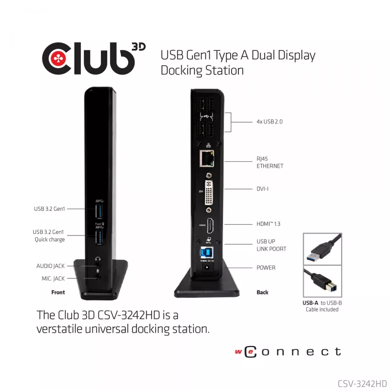 CLUB3D USB Gen1 Type A Dual Display (HDMI un DVI) DisplayLink™ dokstacija