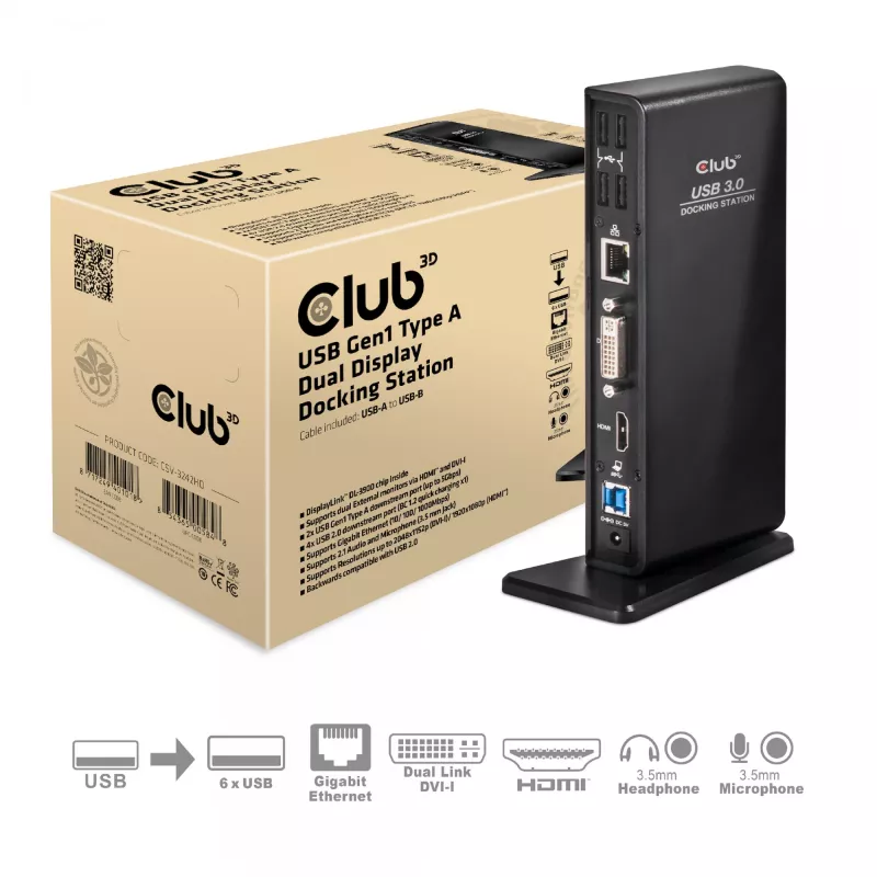 CLUB3D USB Gen1 Type A Dual Display (HDMI un DVI) DisplayLink™ dokstacija
