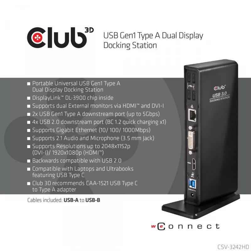 CLUB3D USB Gen1 Type A Dual Display (HDMI un DVI) DisplayLink™ dokstacija