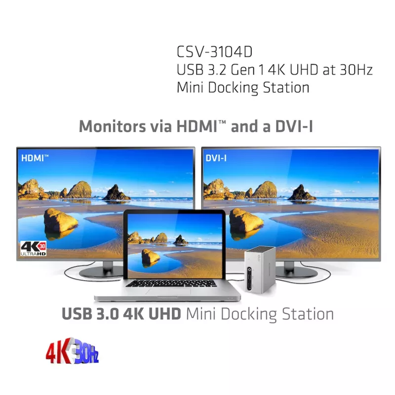 CLUB3D USB 3.2 Gen 1 4K UHD pie 30Hz Mini Dokošanas stacija ar īpaši plānu dizainu