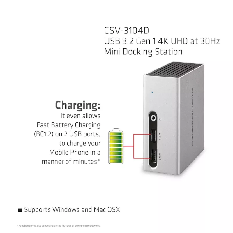 CLUB3D USB 3.2 Gen 1 4K UHD pie 30Hz Mini Dokošanas stacija ar īpaši plānu dizainu
