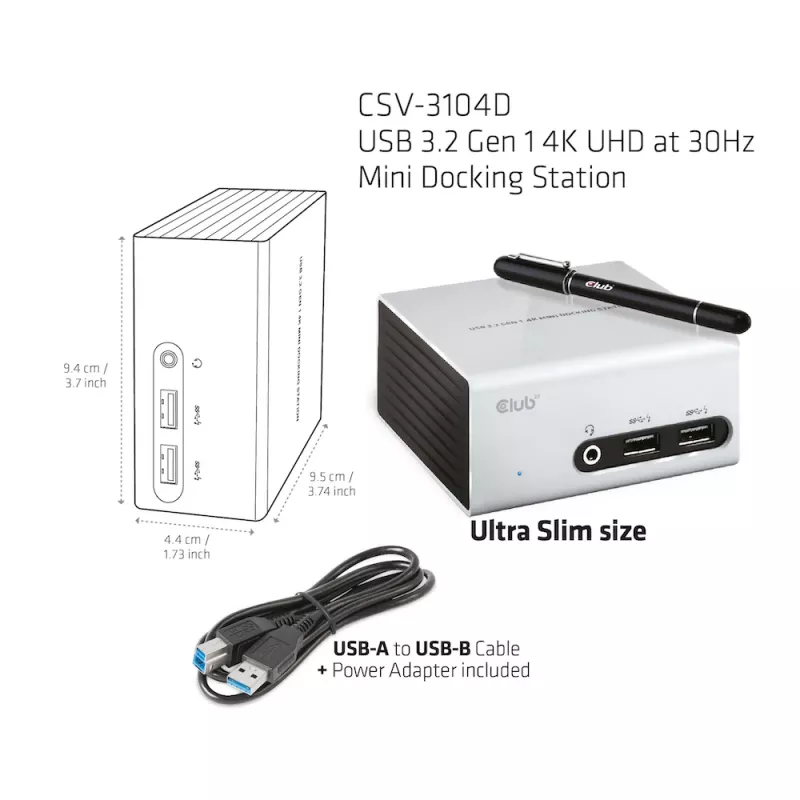 CLUB3D USB 3.2 Gen 1 4K UHD pie 30Hz Mini Dokošanas stacija ar īpaši plānu dizainu