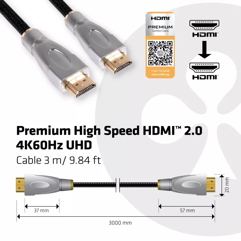 CLUB3D HDMI 2.0 kabelis 3m UHD 4K/60Hz 18Gbps sertificēts Premium High Speed