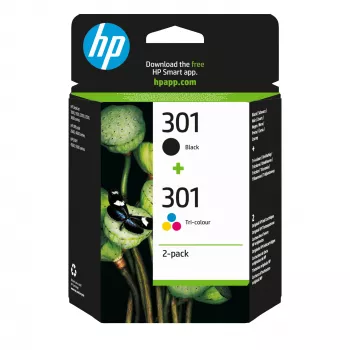 HP 301 2 iepakojums Melns/Trīskrāsu oriģinālās tintes kasetnes, Melna, Ciāna, Fuksīna, Dzeltena, Pigmenta tinte, 2 gab., 170 lapas