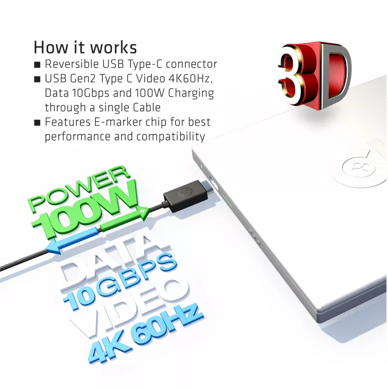 CLUB3D USB Gen2 Type C Video 4K60Hz, Dati 10Gbps un 100W uzlāde 1 metrs M/F
