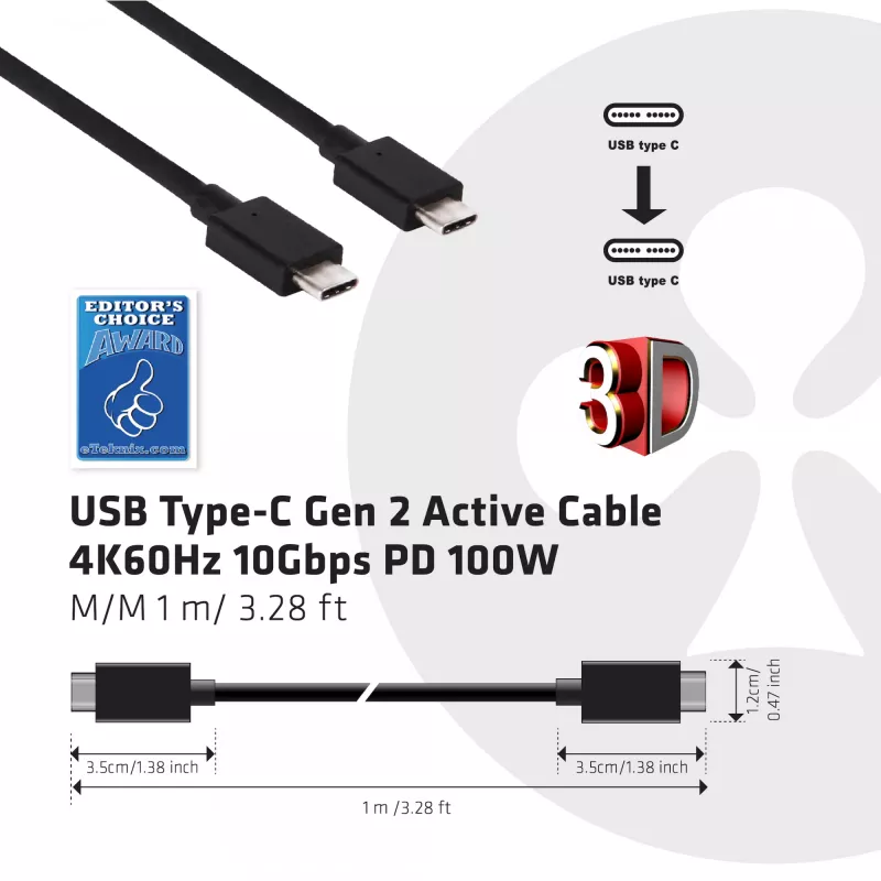 CLUB3D USB Gen2 Type C Video 4K60Hz, Dati 10Gbps un 100W uzlāde 1 metrs M/F