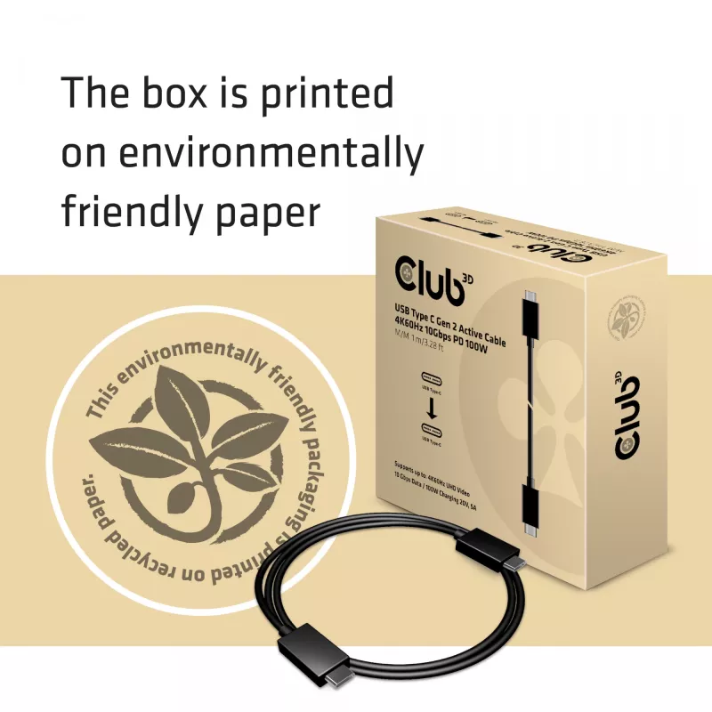 CLUB3D USB Gen2 Type C Video 4K60Hz, Dati 10Gbps un 100W uzlāde 1 metrs M/F