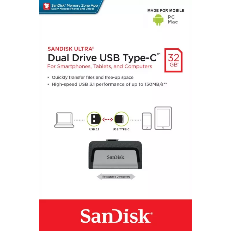 USB zibatmiņa SanDisk 32GB USB Typee-A USB Type-C Ultra Dual Drive