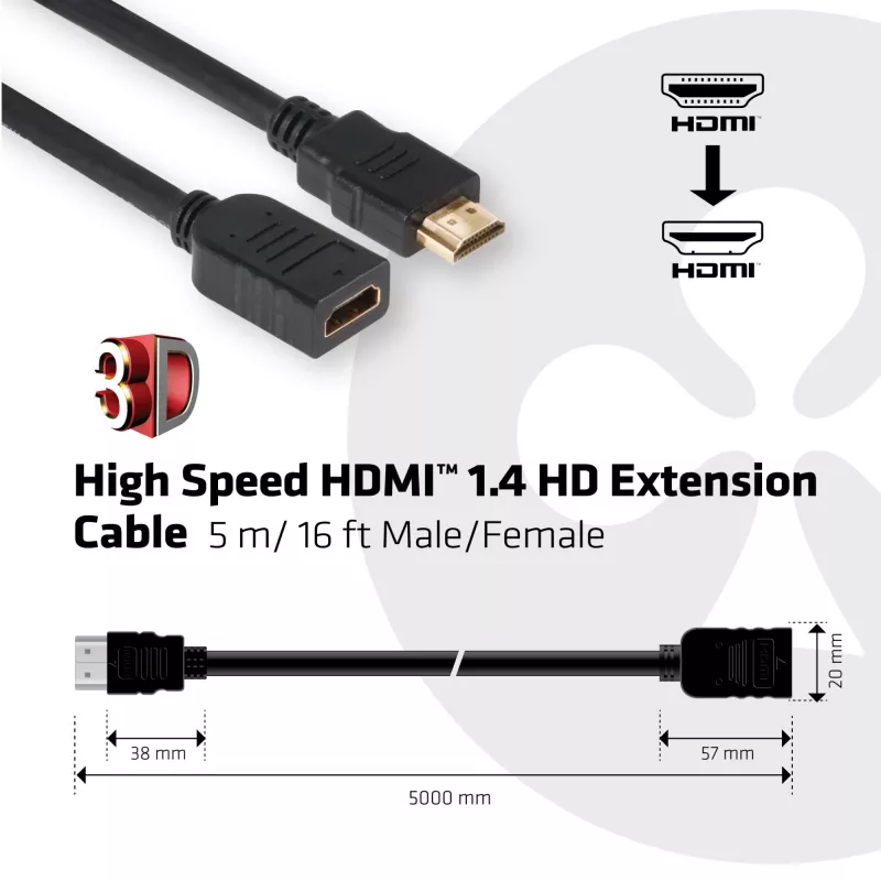 CLUB3D High Speed HDMI™ 1.4 HD pagarinājuma kabelis 5m/16ft vīriešu/sieviešu