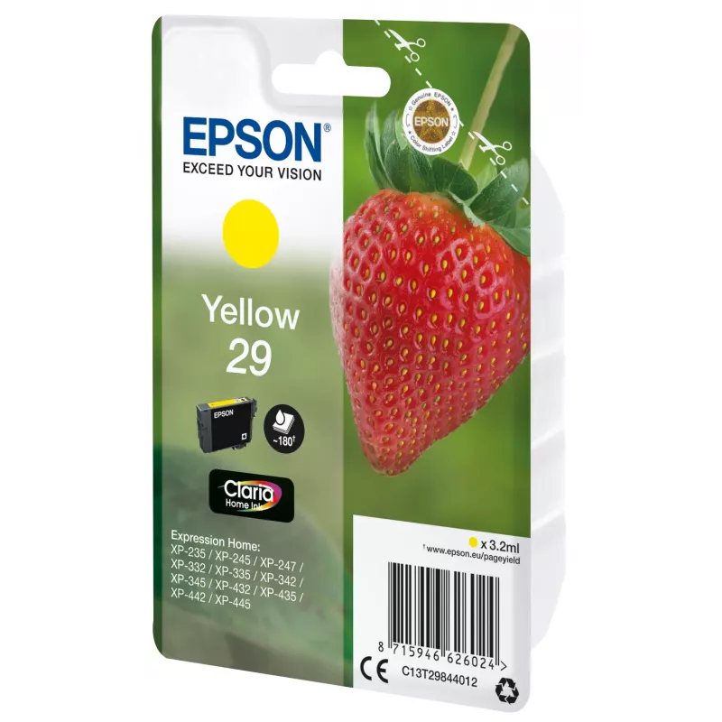 Epson Strawberry Singlepack Dzeltena 29 Claria Home Ink, standarta iznākums, dzeltena, pigmenta tinte, 3.2 ml, 1 gab., 180 lapas