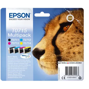 Epson Multipack 4 krāsu T0715 DURABrite Ultra tinte, standarta ražīgums, melna, ciāna, fuksīna, dzeltena, 7.4 ml, 5.5 ml, 1 gb., vairāku iepakojumu