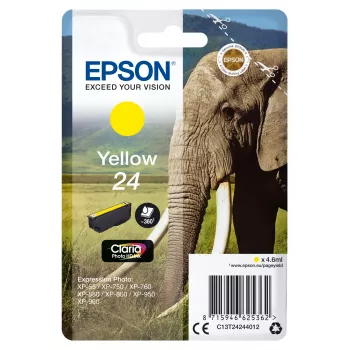 Epson Elephant Singlepack dzeltena 24 Claria Photo HD tinte, standarta ietilpība, dzeltena, pigmenta tinte, 4.6 ml, 1 gab., 360 lapas
