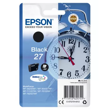 Epson modinātājpulkstenis viens iepakojums melns 27 DURABrite Ultra tinte, standarta ietilpība, melna, tintes uz pigmenta bāzes, 6,2 ml, 1 gab., 350 lapas