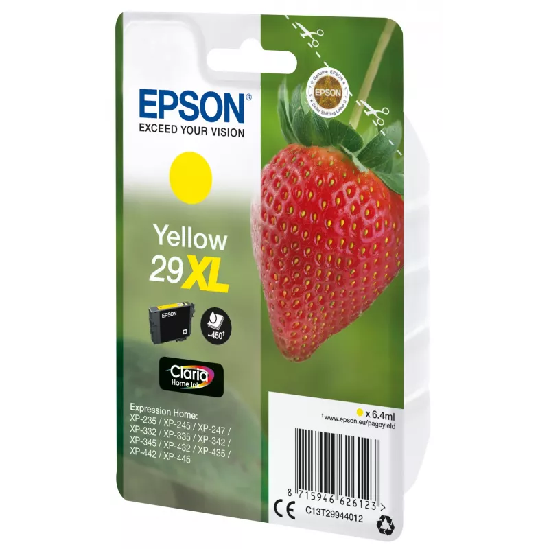 Epson Strawberry Singlepack dzeltena 29XL Claria Home Ink, High (XL) Yield, dzeltena, pigmenta tinte, 6.4 ml, 1 gab., 450 lapas