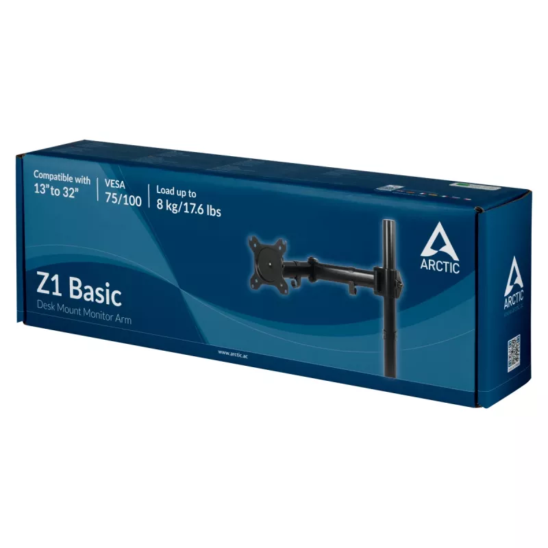 ARCTIC Z1 Basic - Galda stiprinājuma monitora roka, skava, 8 kg, 33 cm (13 collas), 81,3 cm (32 collas), 100 x 100 mm, melna
