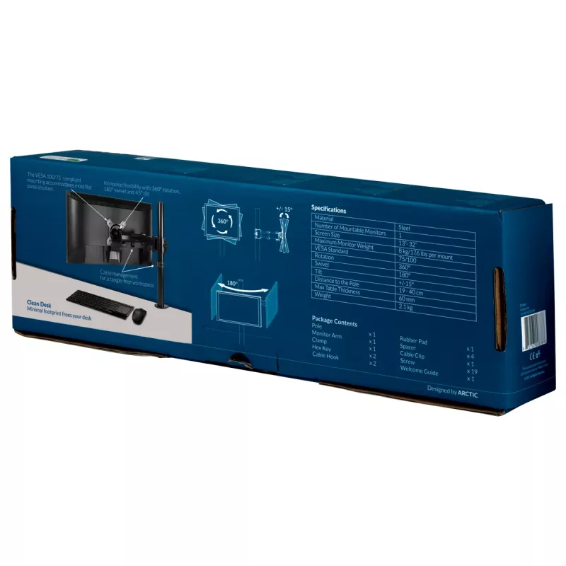 ARCTIC Z1 Basic - Galda stiprinājuma monitora roka, skava, 8 kg, 33 cm (13 collas), 81,3 cm (32 collas), 100 x 100 mm, melna