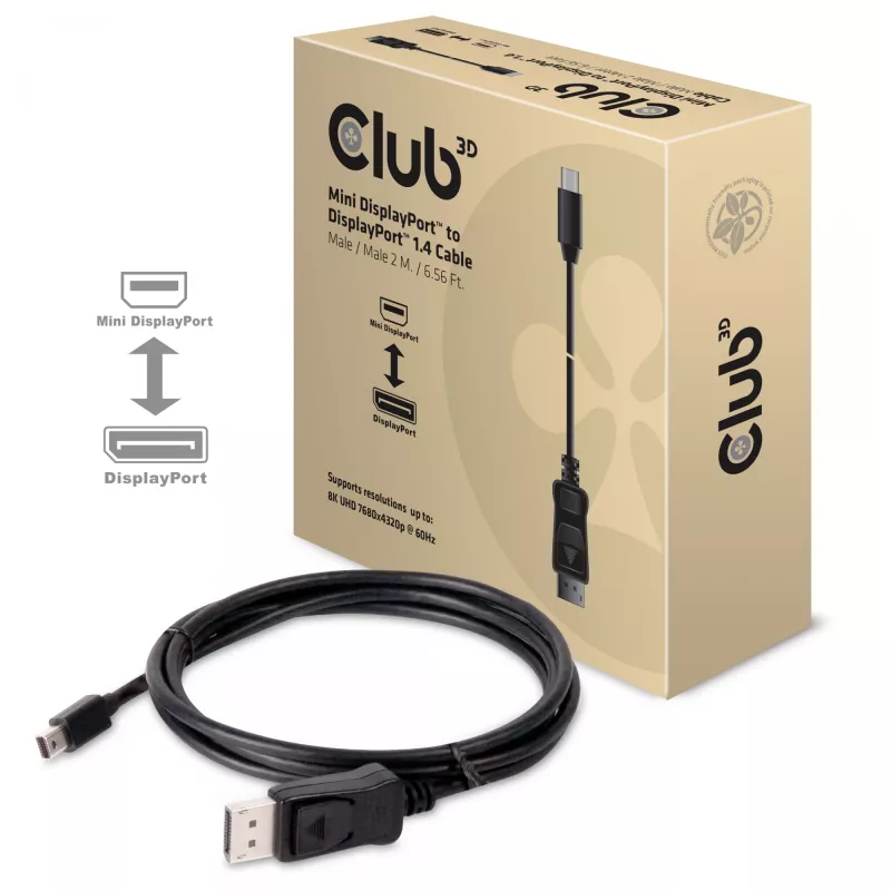 CLUB3D Mini DisplayPort uz DisplayPort 1.4 HBR3 8K60Hz kabelis, 2 metri / 6.56 pēdas
