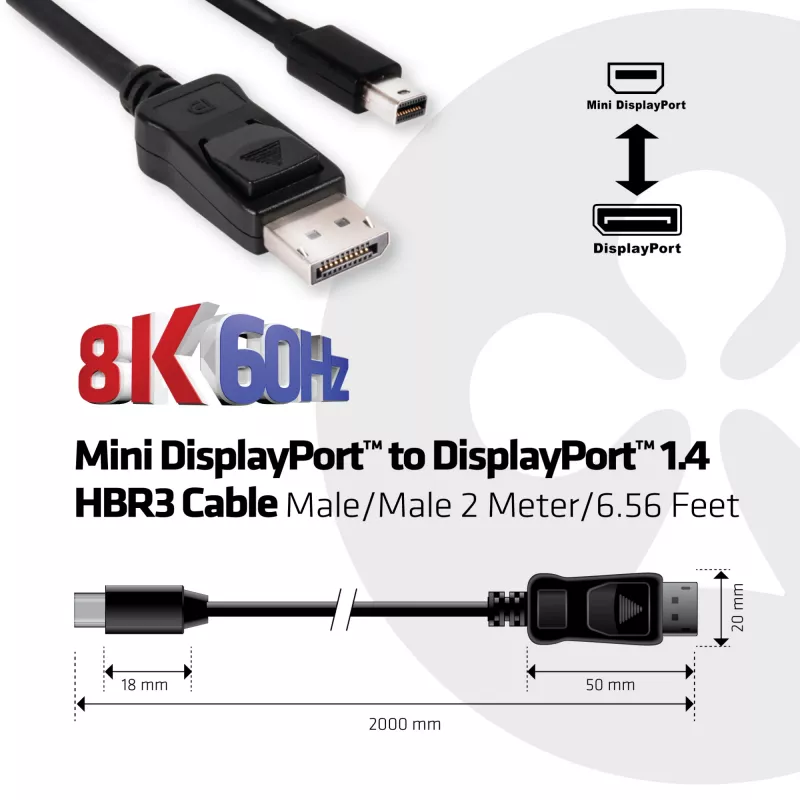 CLUB3D Mini DisplayPort uz DisplayPort 1.4 HBR3 8K60Hz kabelis, 2 metri / 6.56 pēdas