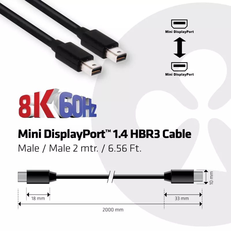 CLUB3D Mini DisplayPort 1.4 kabelis HBR3 8K60Hz Vīrietis / Vīrietis 2 m / 6,56 pēdas