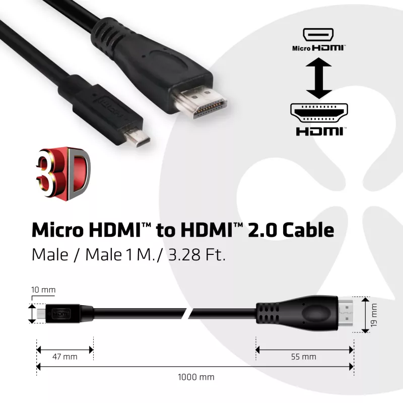 CLUB3D Micro HDMI™ uz HDMI™ 2.0 4K60Hz kabelis 1m / 3.28Ft