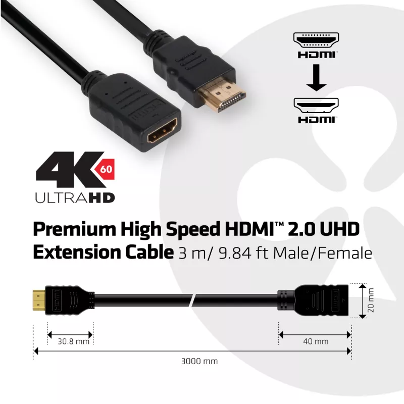 CLUB3D High Speed HDMI™ 2.0 4K60Hz pagarinājuma kabelis 3m/ 9.8ft vīriešu/sieviešu