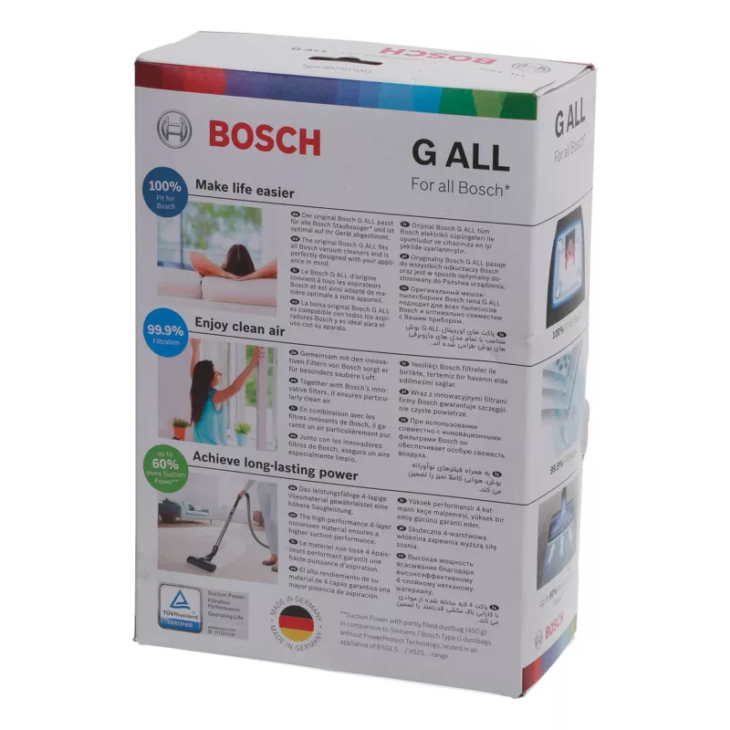 Putekļsūcēja piederums Bosch BBZ 41FGALL — 4 putekļu maisiņi un 1 filtrs, svars 0,14 kg, kompakts iepakojums
