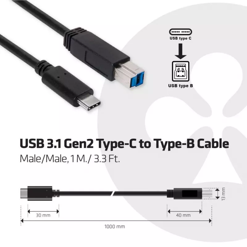 CLUB3D USB 3.1 Gen2 Type-C uz Type-B kabelis vīrišķais/vīrišķais, 1 M./ 3.3 Ft.