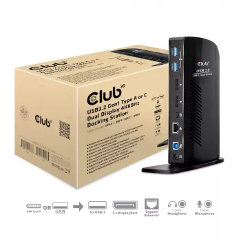 CLUB3D USB3.2 Gen1 Type A vai C Divu Displeju 4K60Hz Dokošanas Stacija DisplayLink® Sertificēta