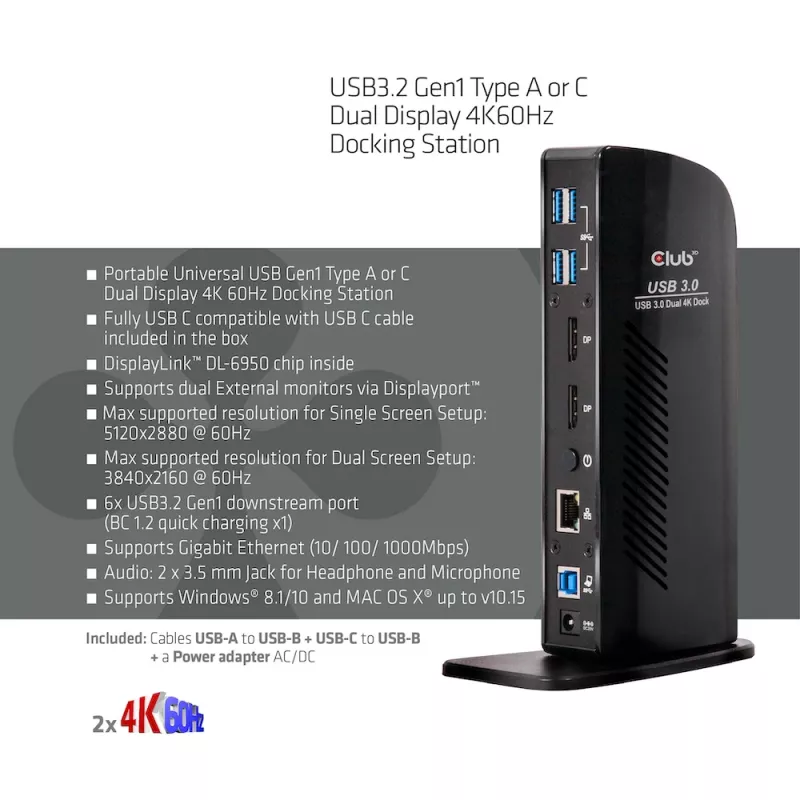 CLUB3D USB3.2 Gen1 Type A vai C Divu Displeju 4K60Hz Dokošanas Stacija DisplayLink® Sertificēta