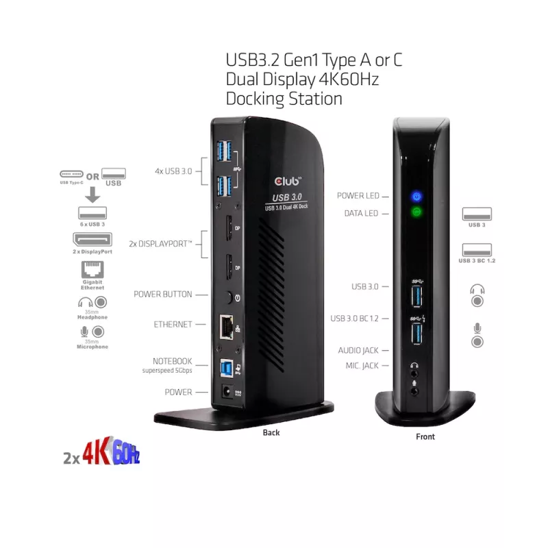 CLUB3D USB3.2 Gen1 Type A vai C Divu Displeju 4K60Hz Dokošanas Stacija DisplayLink® Sertificēta