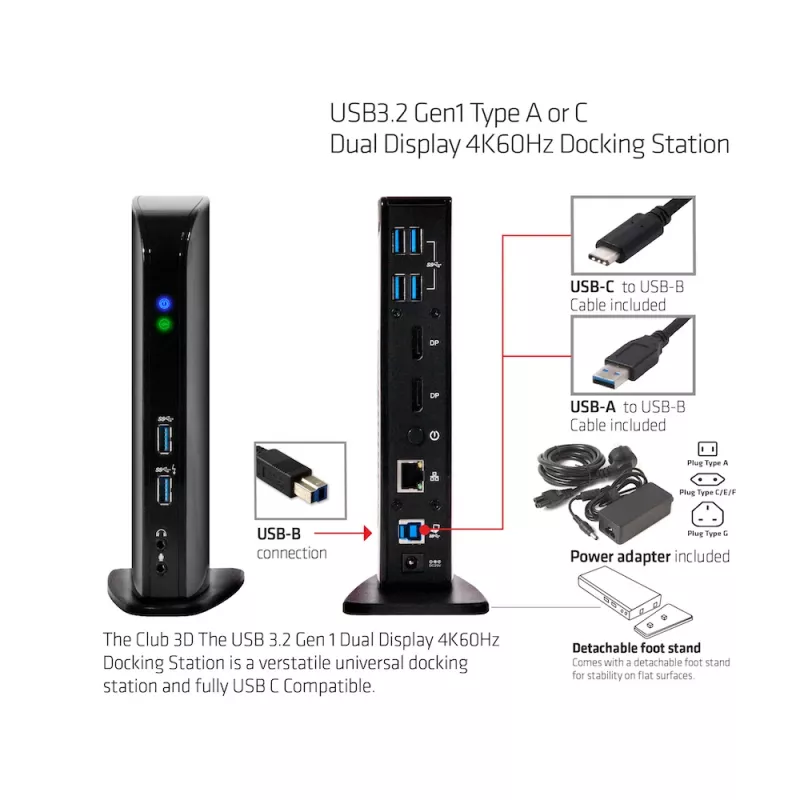 CLUB3D USB3.2 Gen1 Type A vai C Divu Displeju 4K60Hz Dokošanas Stacija DisplayLink® Sertificēta