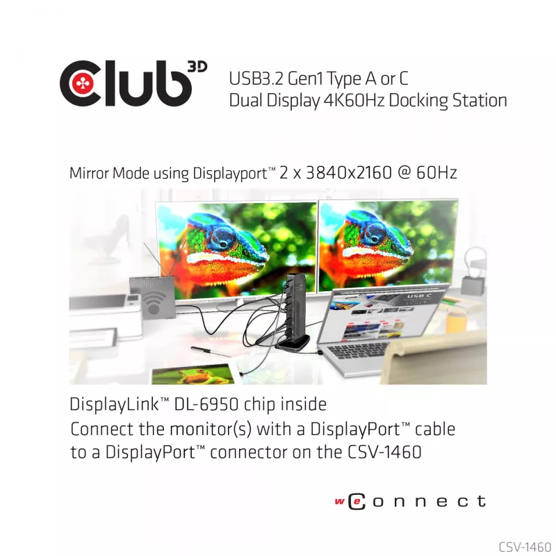 CLUB3D USB3.2 Gen1 Type A vai C Divu Displeju 4K60Hz Dokošanas Stacija DisplayLink® Sertificēta