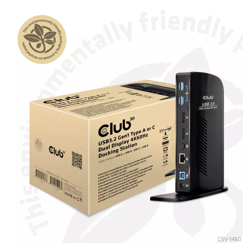 CLUB3D USB3.2 Gen1 Type A vai C Divu Displeju 4K60Hz Dokošanas Stacija DisplayLink® Sertificēta
