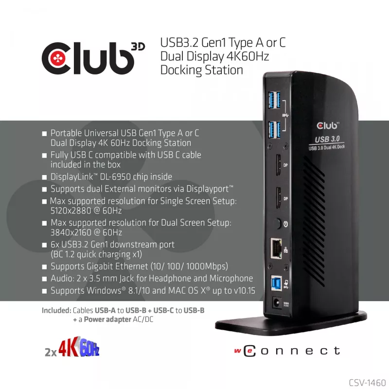 CLUB3D USB3.2 Gen1 Type A vai C Divu Displeju 4K60Hz Dokošanas Stacija DisplayLink® Sertificēta