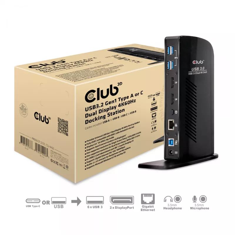 CLUB3D USB3.2 Gen1 Type A vai C Divu Displeju 4K60Hz Dokošanas Stacija DisplayLink® Sertificēta