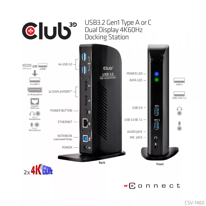 CLUB3D USB3.2 Gen1 Type A vai C Divu Displeju 4K60Hz Dokošanas Stacija DisplayLink® Sertificēta