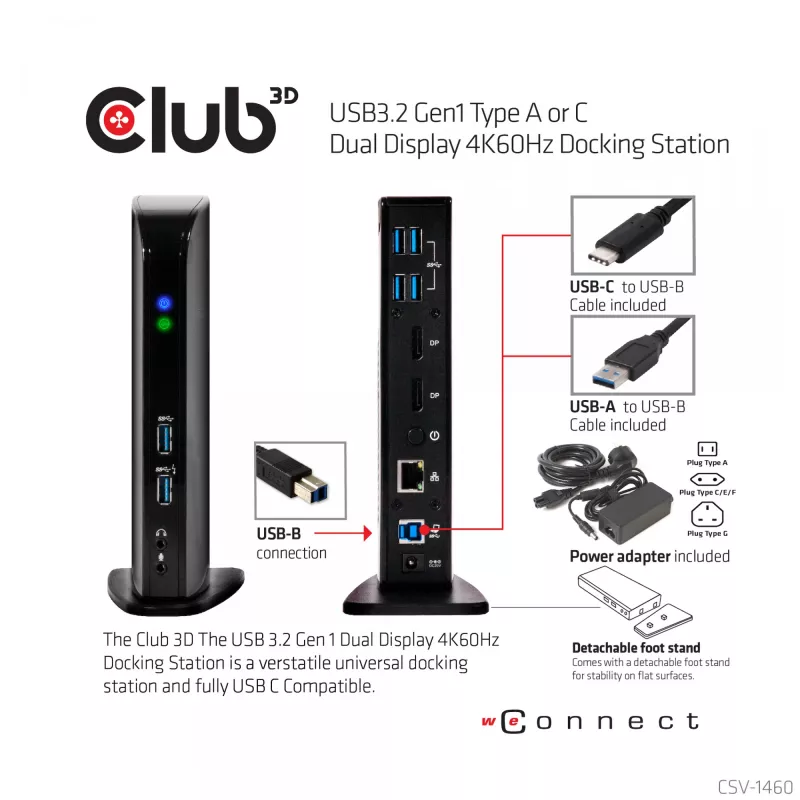 CLUB3D USB3.2 Gen1 Type A vai C Divu Displeju 4K60Hz Dokošanas Stacija DisplayLink® Sertificēta