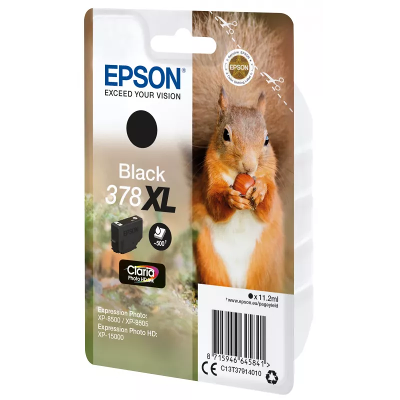 Epson Squirrel Singlepack Melns 378XL Claria Photo HD tintes kasetne, lielas (XL) ietilpības, melna, pigmenta bāzes tinte, 11,2 ml, 1 gab., 500 lapas